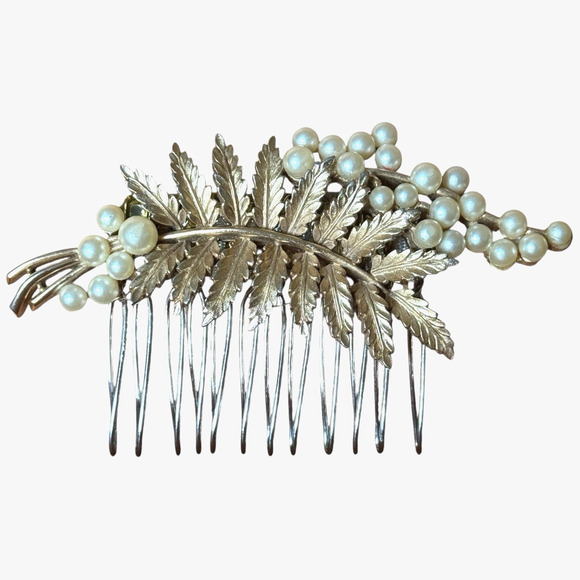 Gold Leaf Pearl Bridal Hair Comb Vintage Wedding Holiday Accessory New Years Eve - Picture 2 of 4